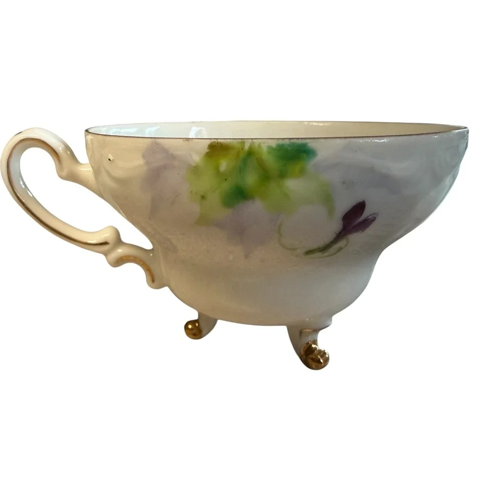 Princess China Occupied Japan Tripod Footed Teacup Saucer Hand Painted Pansy